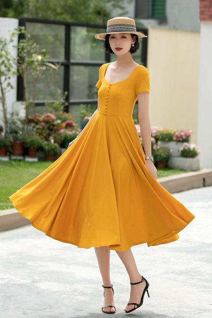 Linen Midi Dress for Women, Square Neckline | Xiaolizi 5981