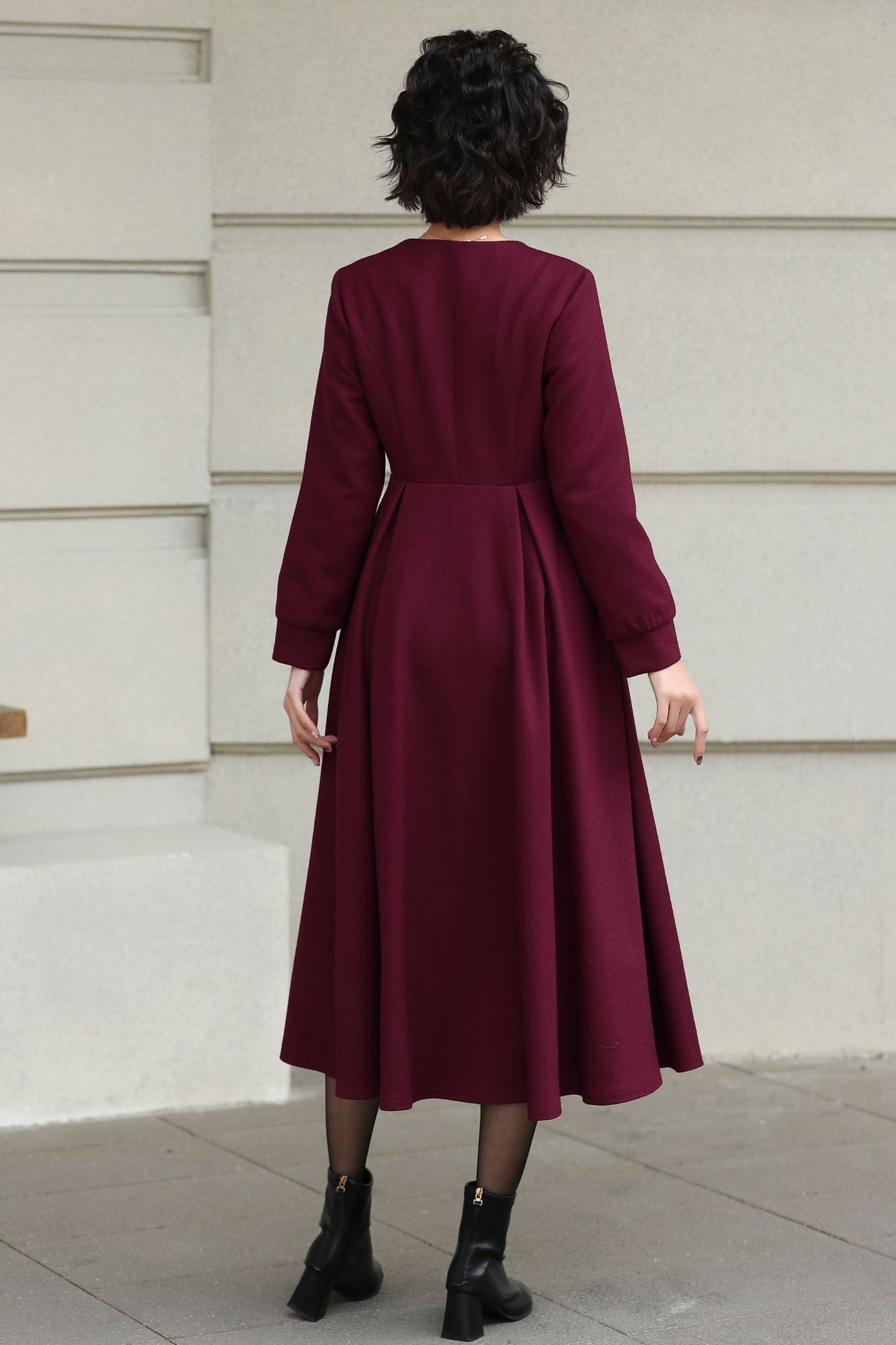 Burgundy Handmade Wool Midi Dress – Vintage Long Sleeve Winter Style 6618