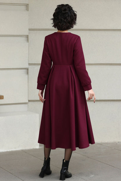 Burgundy Handmade Wool Midi Dress – Vintage Long Sleeve Winter Style 6618