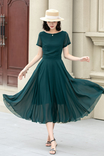 Emerald Green Chiffon Midi Fit and Flare Dress - Sheer Sleeve 5145