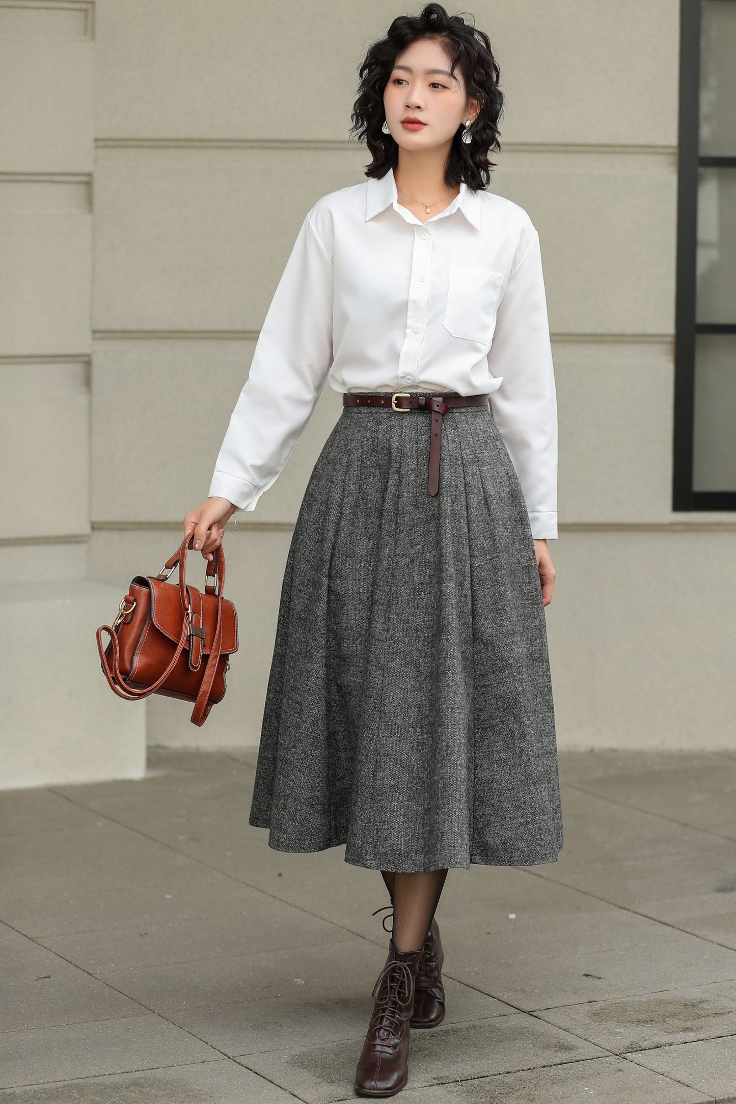 Grey Wool Pleated Midi Skirt - A-Line Silhouette with Pockets 6416