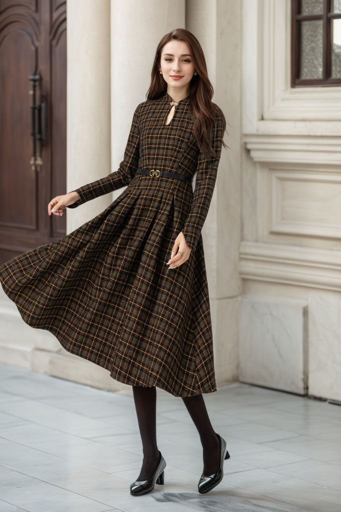 Retro plaid midi wool dress women 5302