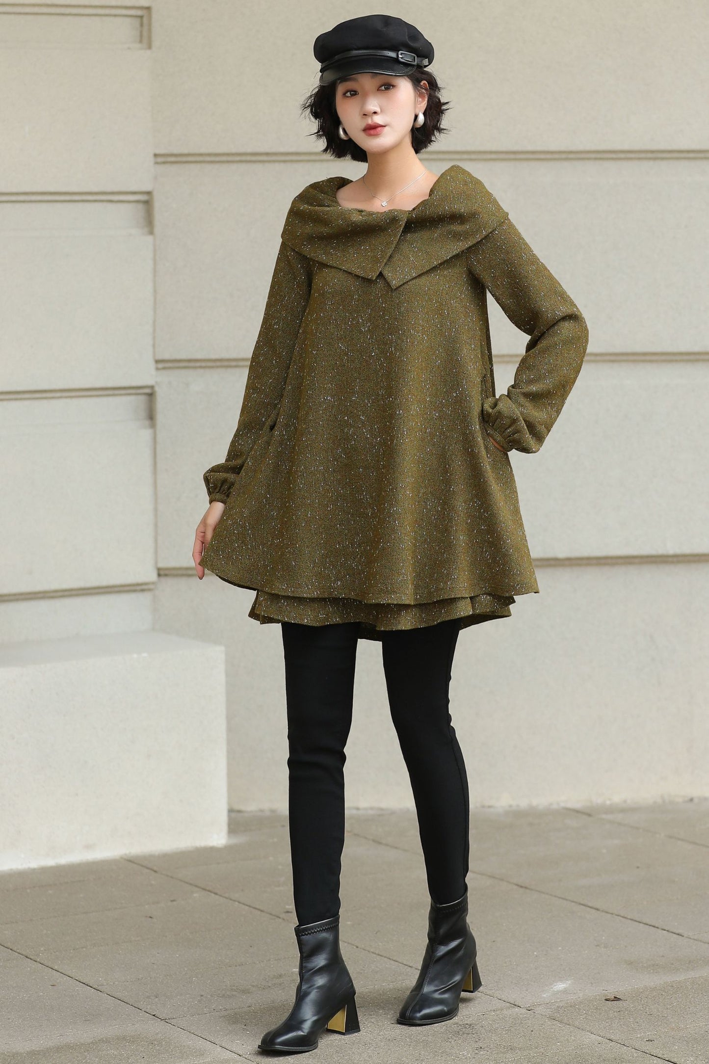 Handmade Wool Blend Tunic Coat – Vintage-Inspired Oversized Collar for Fall/Winter | Xiaolizi 6513