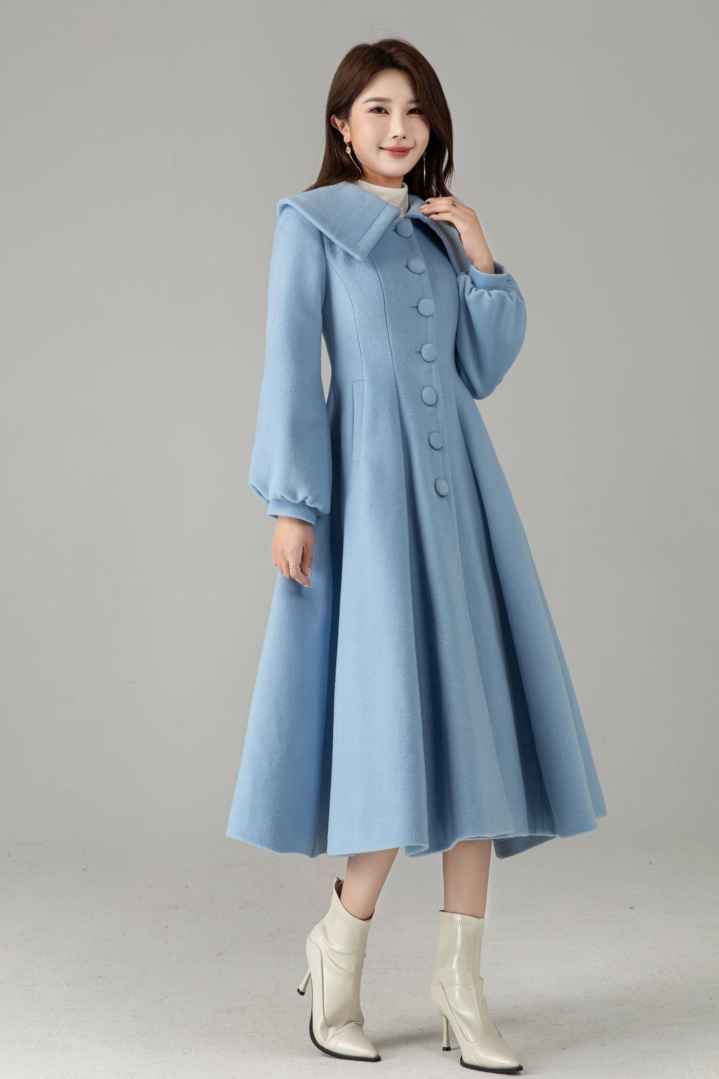 Sky Blue Wool Princess Coat – Vintage Fit and Flare Swing Winter Coat | Xiaolizi 6576