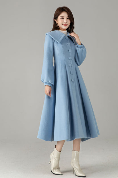 Sky Blue Wool Princess Coat – Vintage Fit and Flare Swing Winter Coat | Xiaolizi 6576