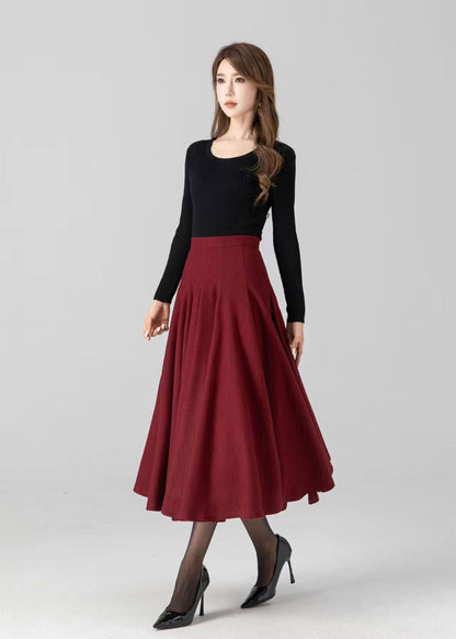 Women's Red Wool Swing Midi Skirt – Warm Winter Pleated High Waist Skirt | Xiaolizi 4782