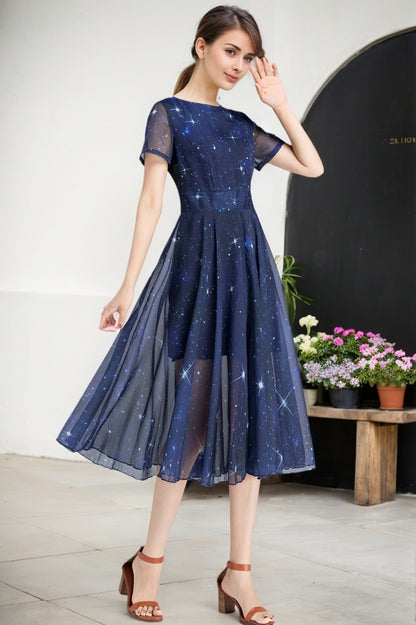 Navy Chiffon Midi Dress - Star Print Fit and Flared Silhouette 2334
