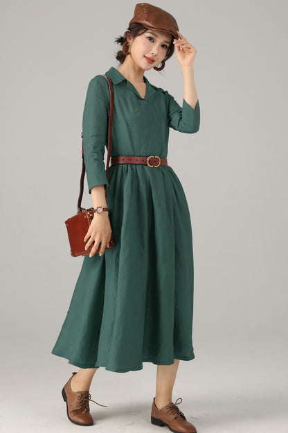 Green Linen Midi Shirt Dress - Fit and Flare Silhouette 5720
