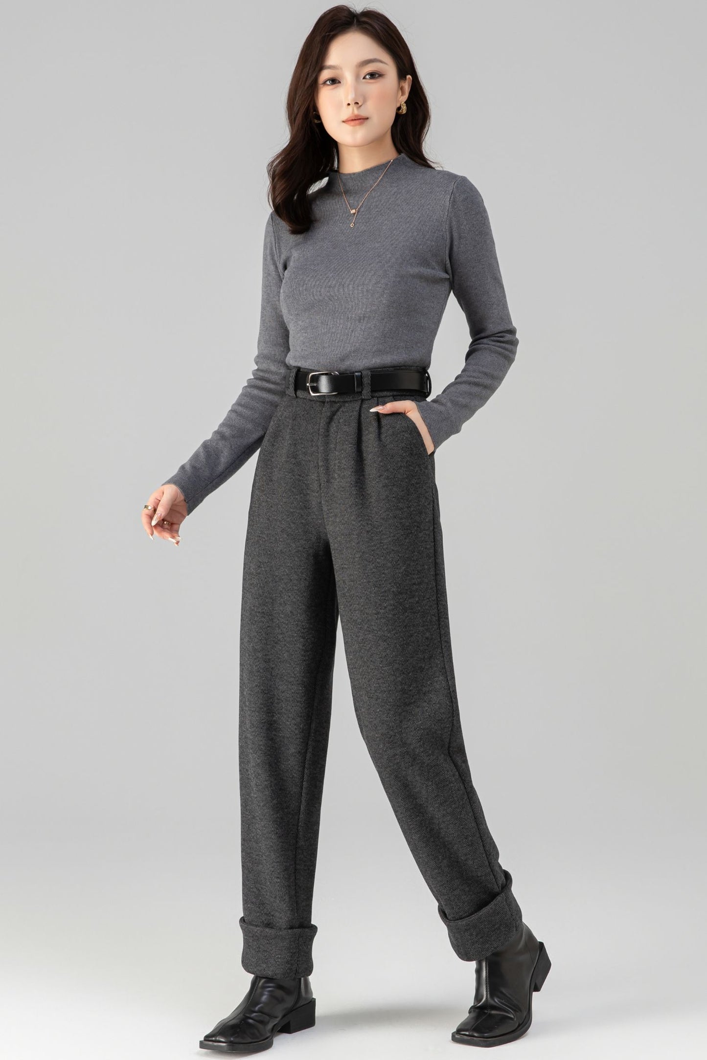 Charcoal Wool Long Pants - Warm Full-Length Tailored Fit 6461