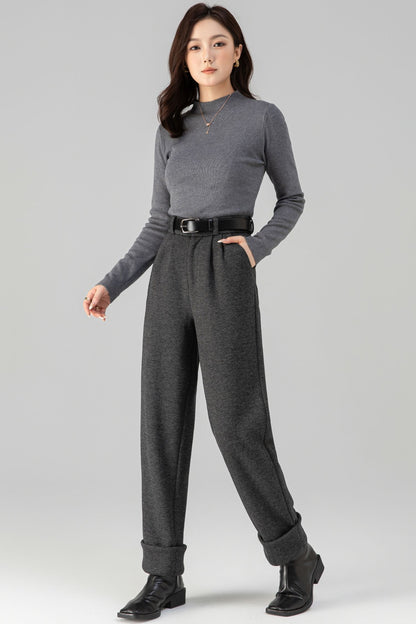 Charcoal Wool Long Pants - Warm Full-Length Tailored Fit 6461