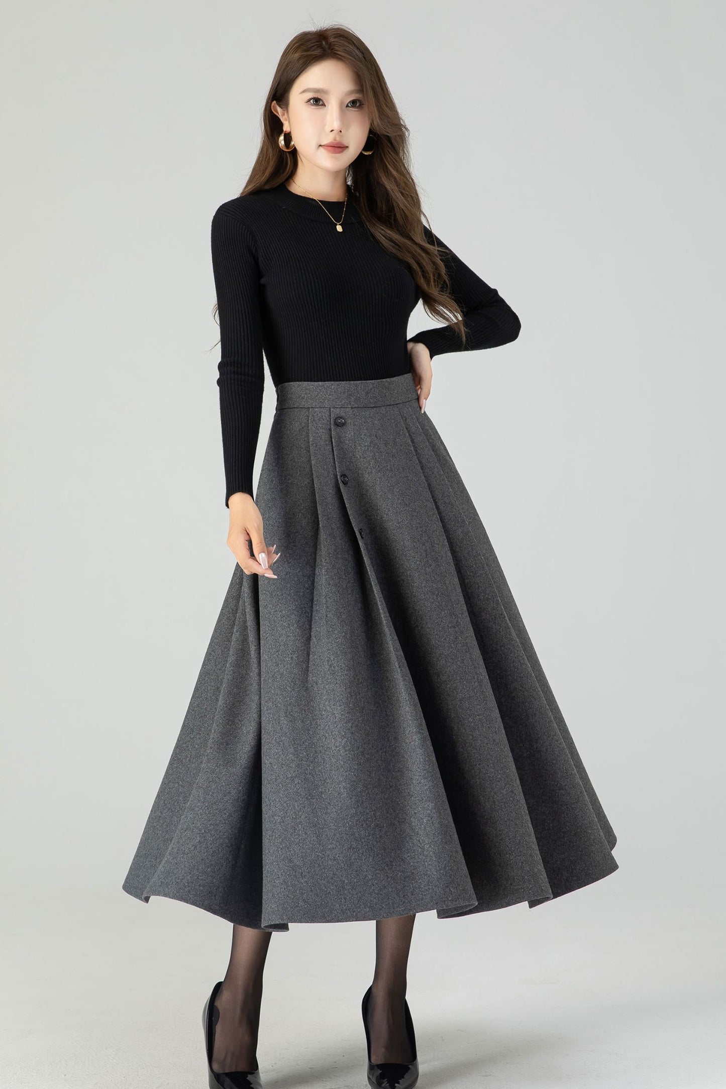 Button down midi winter wool skirt 4557