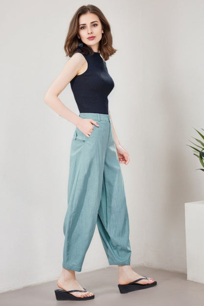 Blue Linen Blend Casual Pants - Baggy Fit with Side Pockets 2191
