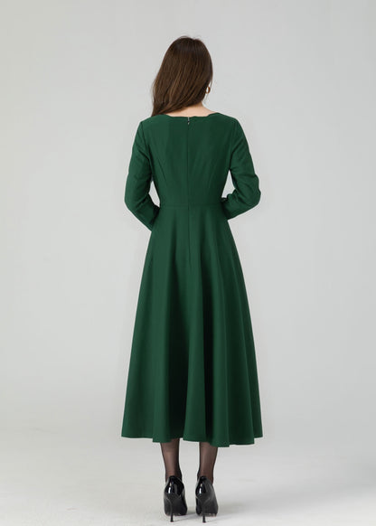 Green Wool Midi Dress - Fit and Flare with Wave Neckline 5429