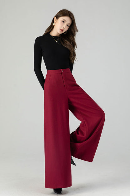 High waist burgundy wide leg long wool pants 4553