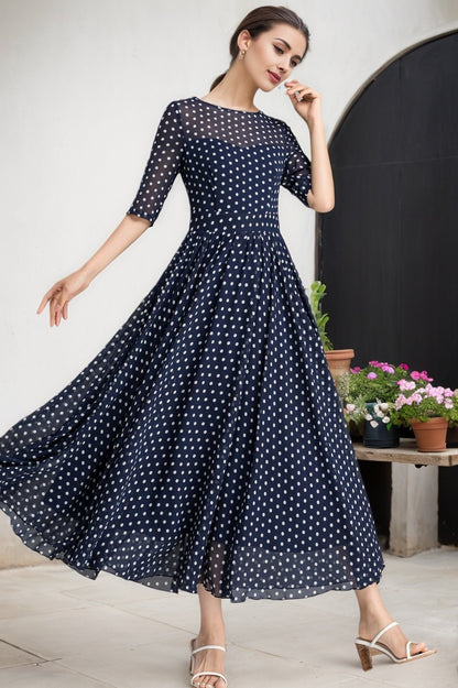 Blue and White Polka Dot chiffon Maxi Dress 2354