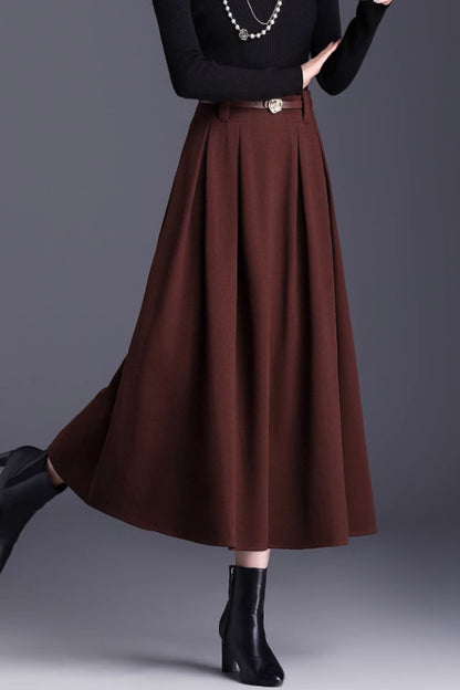 Brown Wool A-Line Midi Skirt - Pleated Elegant Silhouette 6137