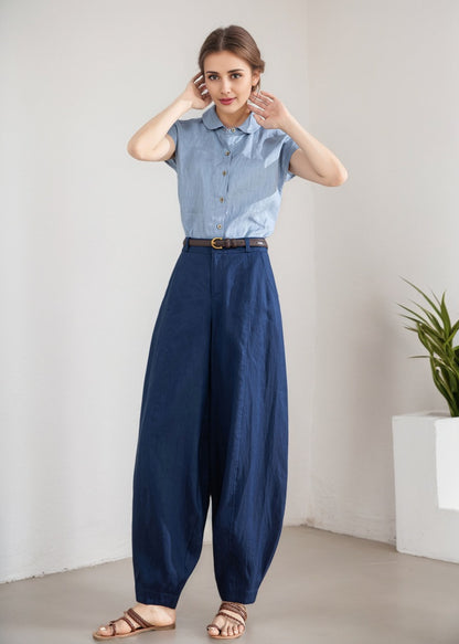 Dark Blue Linen Wide Leg Pants - High Waisted, Tapered Silhouette 5898