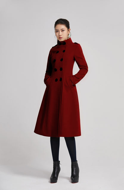 Wine Red Wool Coat - Double Breasted A-Line Silhouette 5614