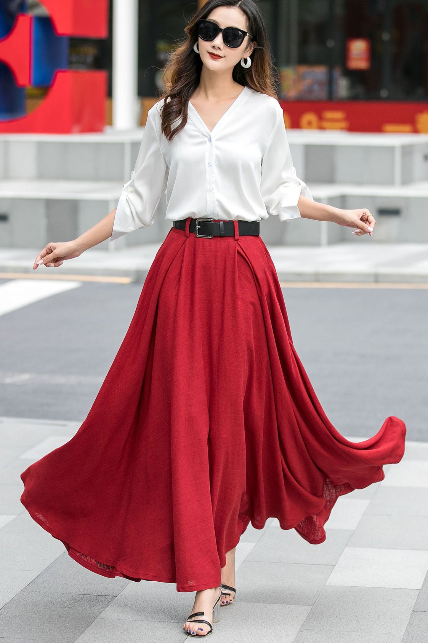 High Waisted A Line Swing Red Maxi Skirt 3537 Xiaolizi High Waisted A Line Swing Red Maxi Skirt 3537 Xiaolizi
