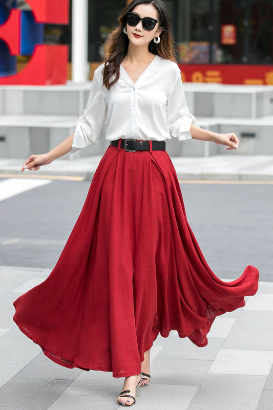 High Waisted A Line Swing Red Maxi Skirt 3537