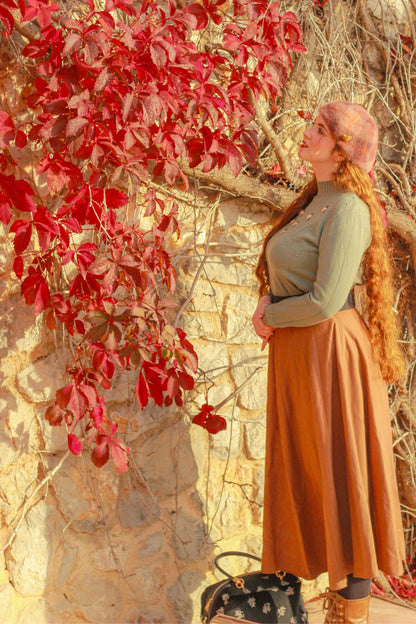 Brown Wool Swing Midi Skirt - High Waist Elegant Winterwear 4810