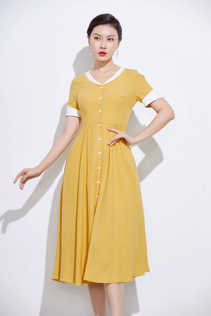 Handmade Yellow Linen Cotton Shirt Dress – Vintage Fit & Flare with Pockets 2317
