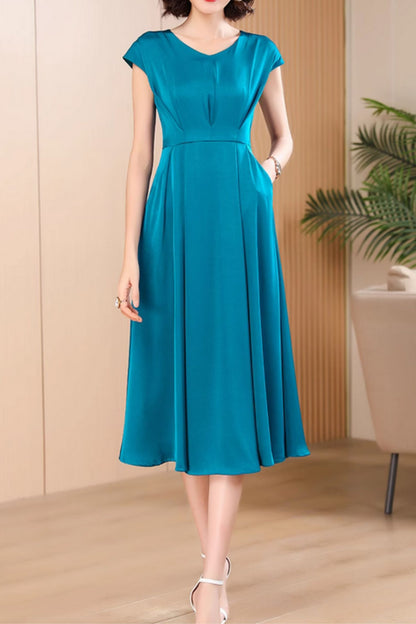 Teal Polyester Midi Fit and Flare Dress - V-Neck, Cape Sleeves 5054