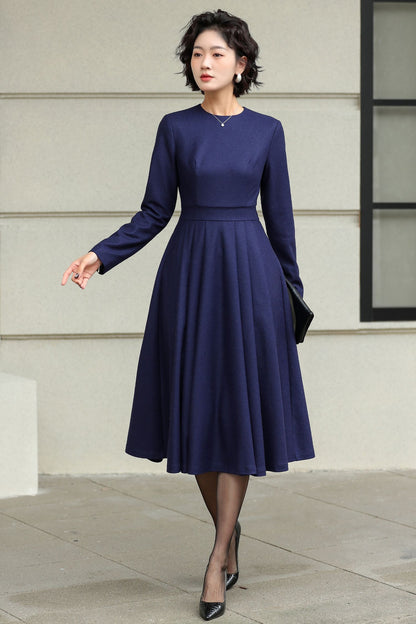 Blue Wool Midi Dress - Swing Fit & Flare Silhouette 6506