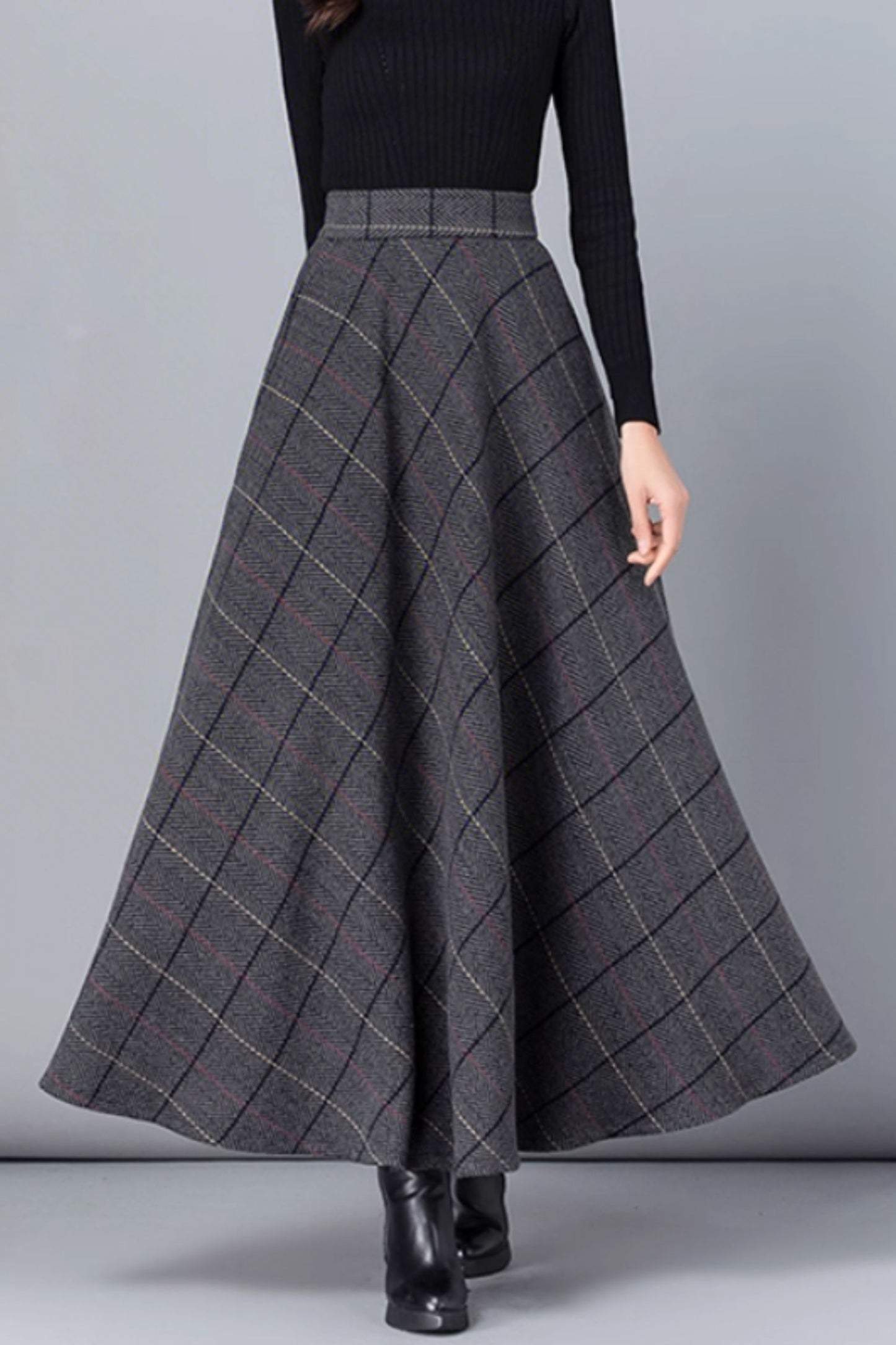 Vintage Inspired Tartan Plaid Midi Wool Skirt Woman 3138