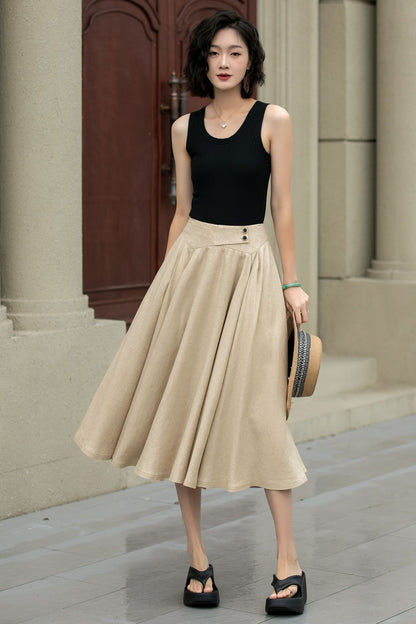 Handmade Linen Swing Skirt – High Waist Pleated Midi Skirt for Spring Summer 5238