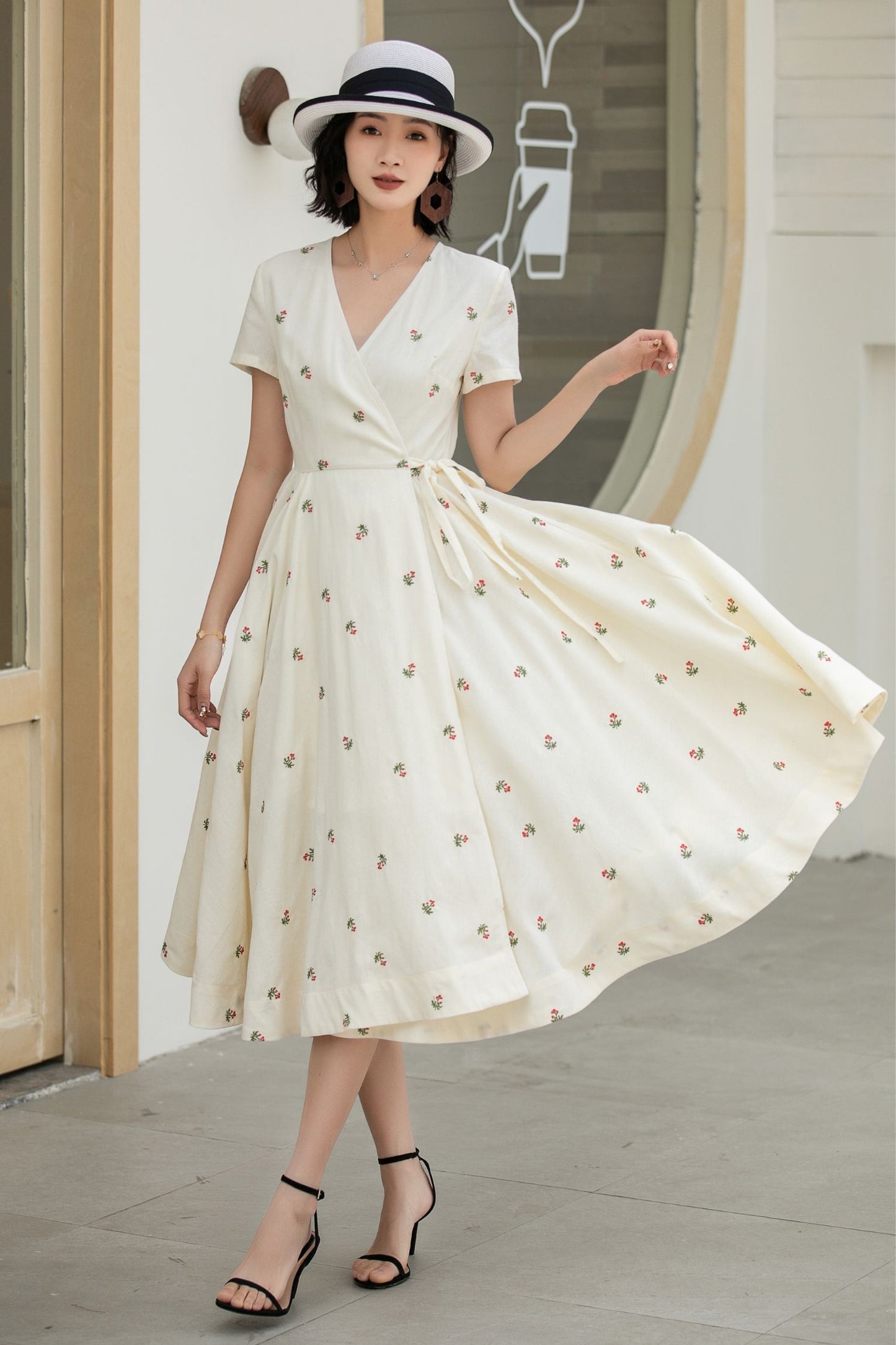 Handmade Cream White Embroidered Linen Cotton Wrap Dress – Vintage Summer Midi 5835