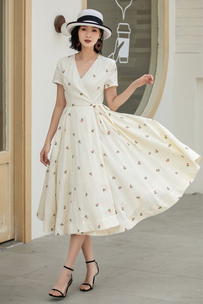 Handmade Cream White Embroidered Linen Cotton Wrap Dress – Vintage Summer Midi 5835
