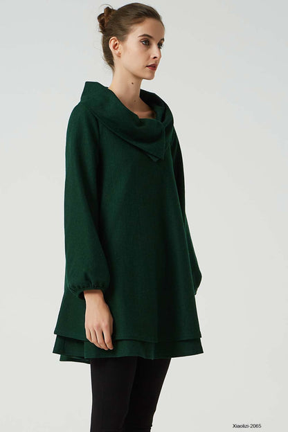 Artisan Wool Tunic Dress – Dark Green with Cowl Neck & Layered Hem – 2065