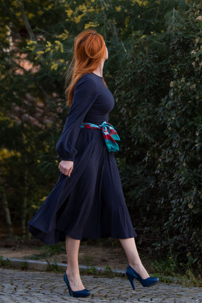 Navy Linen Cotton Midi Dress - Fit and Flare with Lantern Sleeves 5104