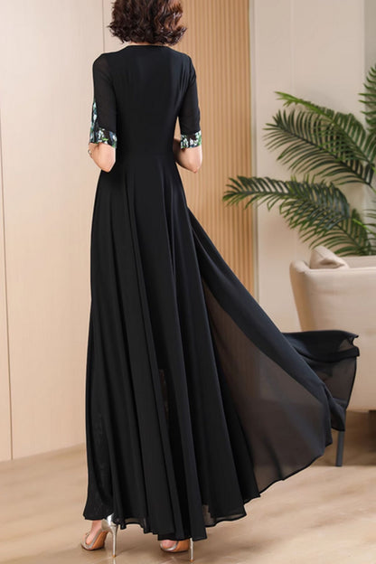Black Chiffon Maxi Dress - Patchwork Detail with V-Neck 5012