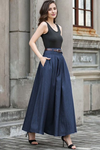 Cotton Pleated Maxi Skirt - Pockets A-Line | Xiaolizi 5780