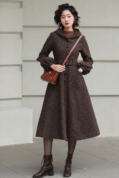 Xiaolizi Handmade Vintage Wool Coat – Brown Hooded Belted Swing Winter Coat 6610