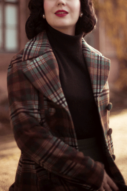 Vintage Brown Plaid Wool Coat – Elegant Double-Breasted Winter Overcoat 4737