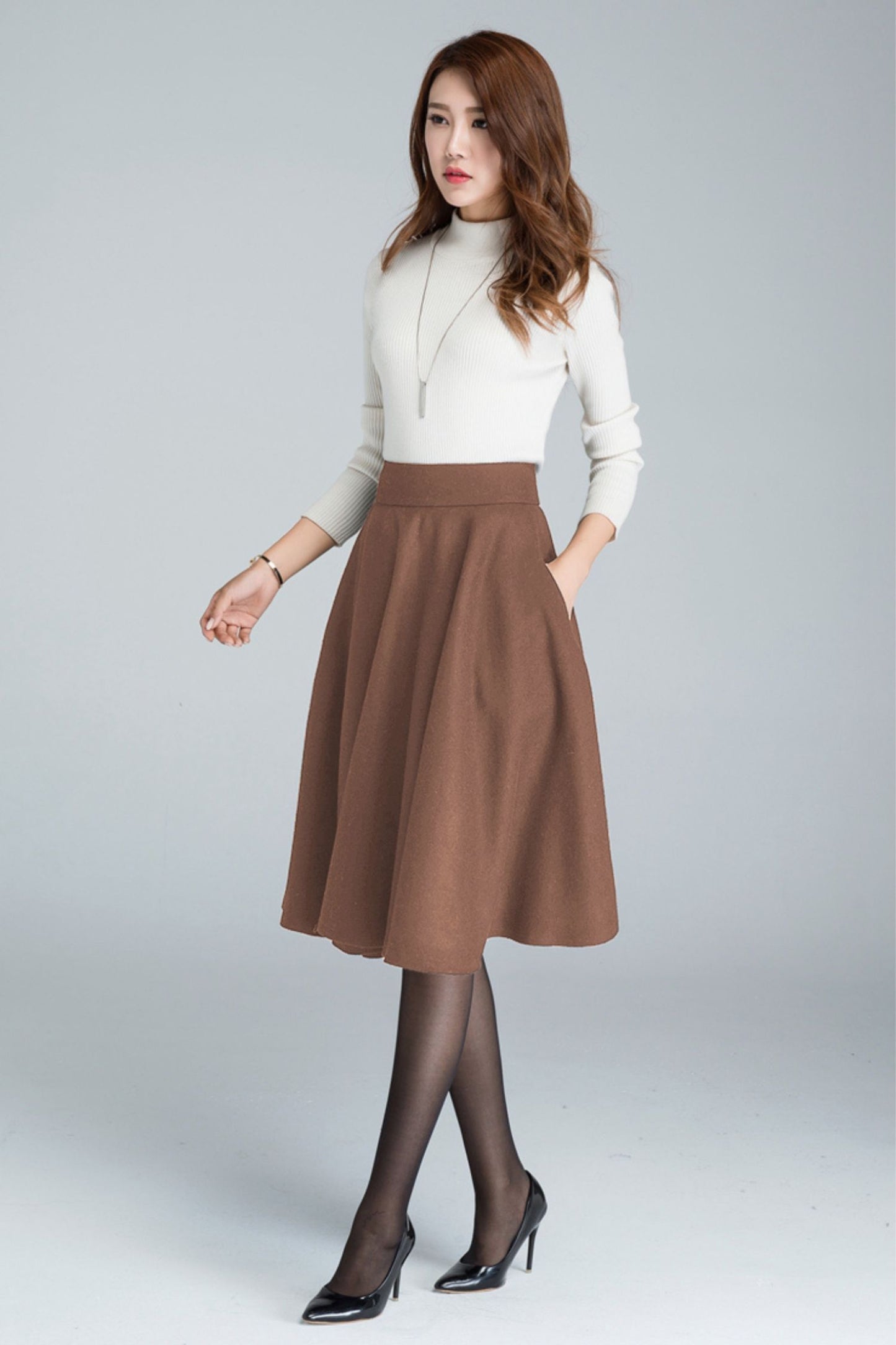 Wool Skater Skirt – Brown Wool Blend Skirt with Side Pockets and Back Zipper  5442