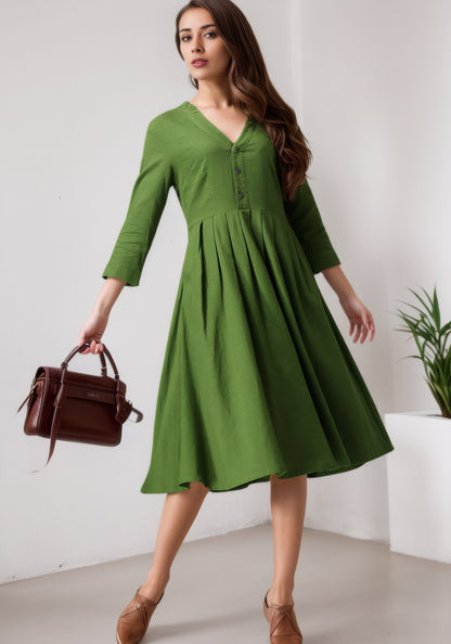 Brown Linen Blend Midi Dress - V-Neck, Button-Up, Relaxed Fit 5600
