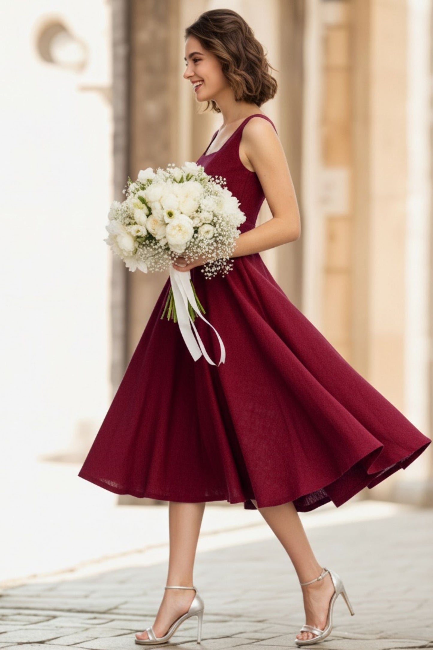 Handmade Linen Midi Dress – Vintage Fit and Flare Sleeveless Dress in Deep Red 6655