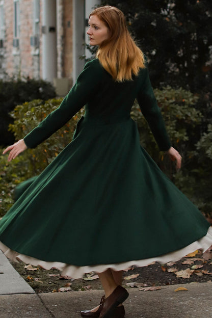 Vintage Forest Green Wool Coat – Double-Breasted Fit & Flare Winter Maxi Overcoat 3227