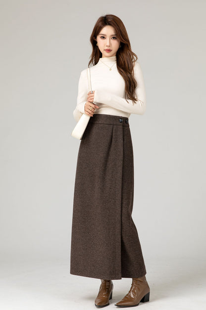 Handmade Wool Blend Skirt – Elegant Dark Brown Wrap Midi for Autumn Winter 5484