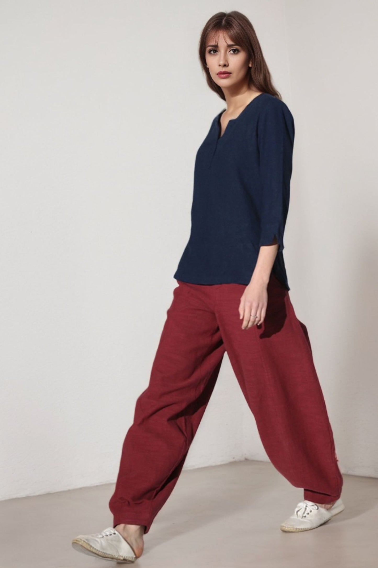 Women’s Burgundy Linen Blend Pants – Handmade Ankle-Length Loose Trousers | Xiaolizi 1160