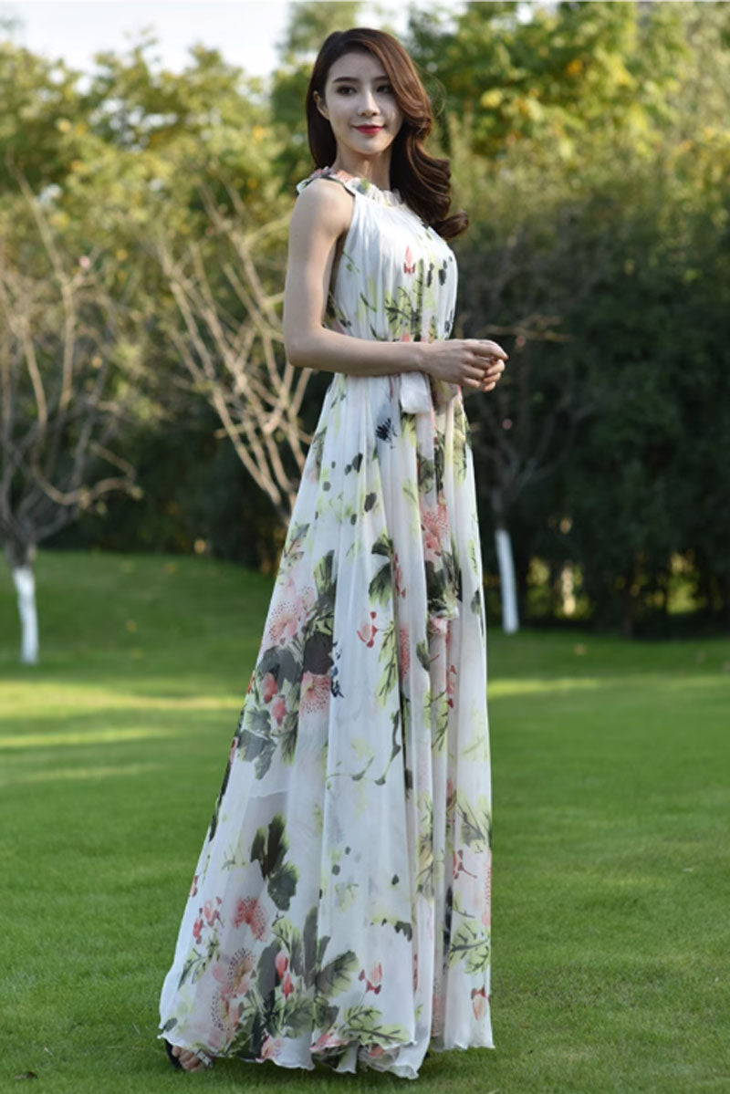 Floral sleeveless chiffon dress, summer vacation dress 4464