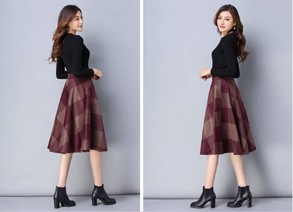 Plaid Wool Knee Length Skirt - Elastic Waist with Pockets 4642