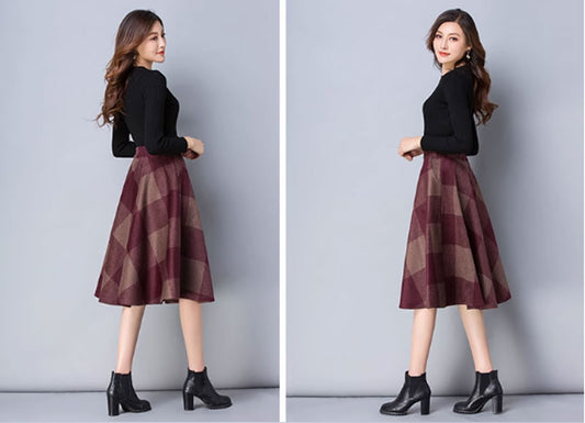 Knee length plaid winter wool skirt 4642