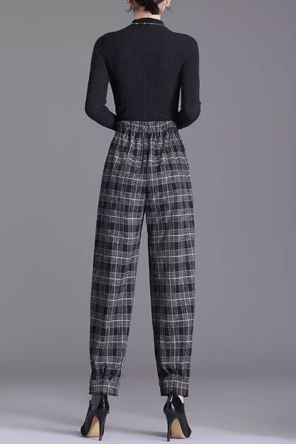 Black and White Plaid Wool Pants - Loose Fit with Back Elastic Waist 4656