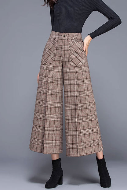Plaid Wool Wide Leg Pants - Loose Fit Midi Length 4660