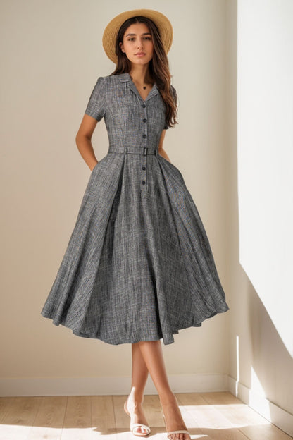 Linen Shirt Dress in Gray – Elegant Belted Swing Midi 5128